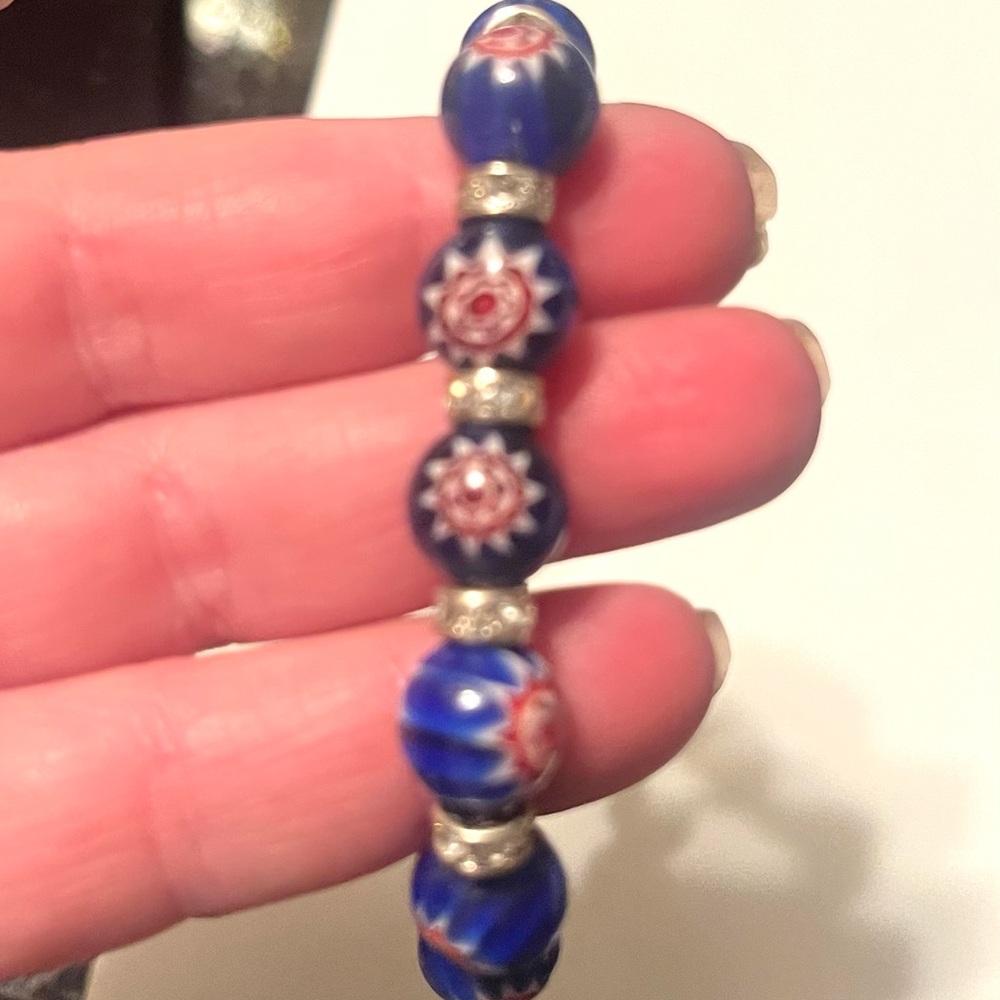 Blue glass Cloisonné Beaded Bracelet with rhinestone accents